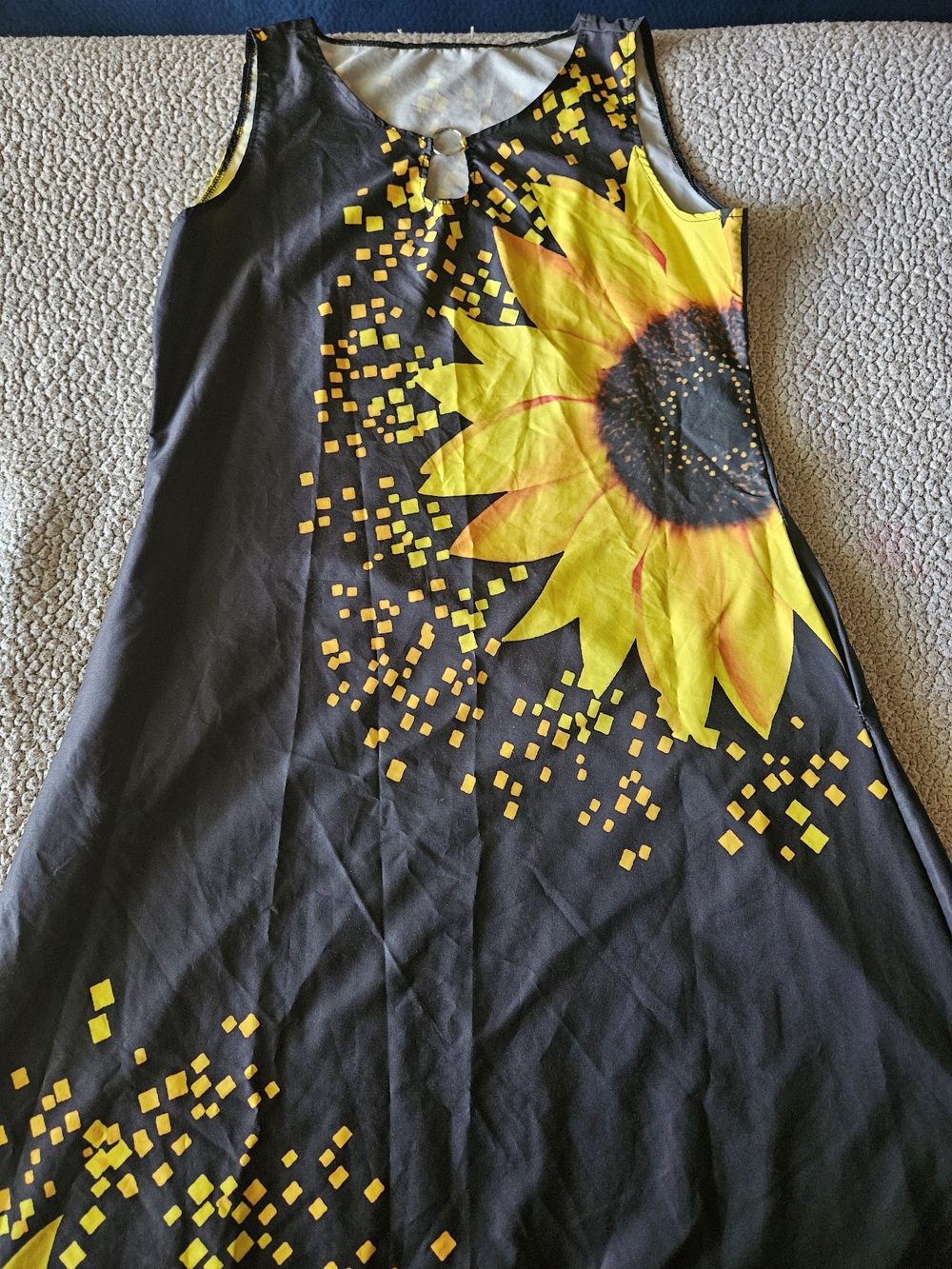 Women Black Dress with Sunflower Print - Yellow Accent